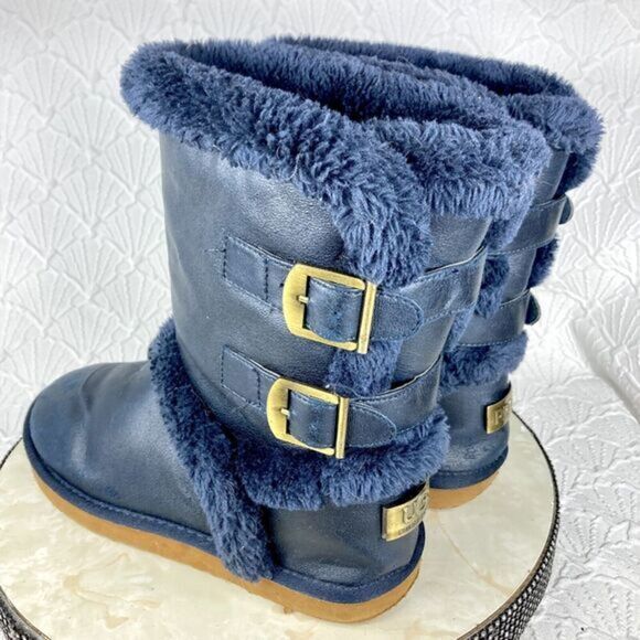 UGG Boots Womens Sz 10 Navy Blue Becket Suede Shearling Sheepskin Buckle Booties - Picture 8 of 13